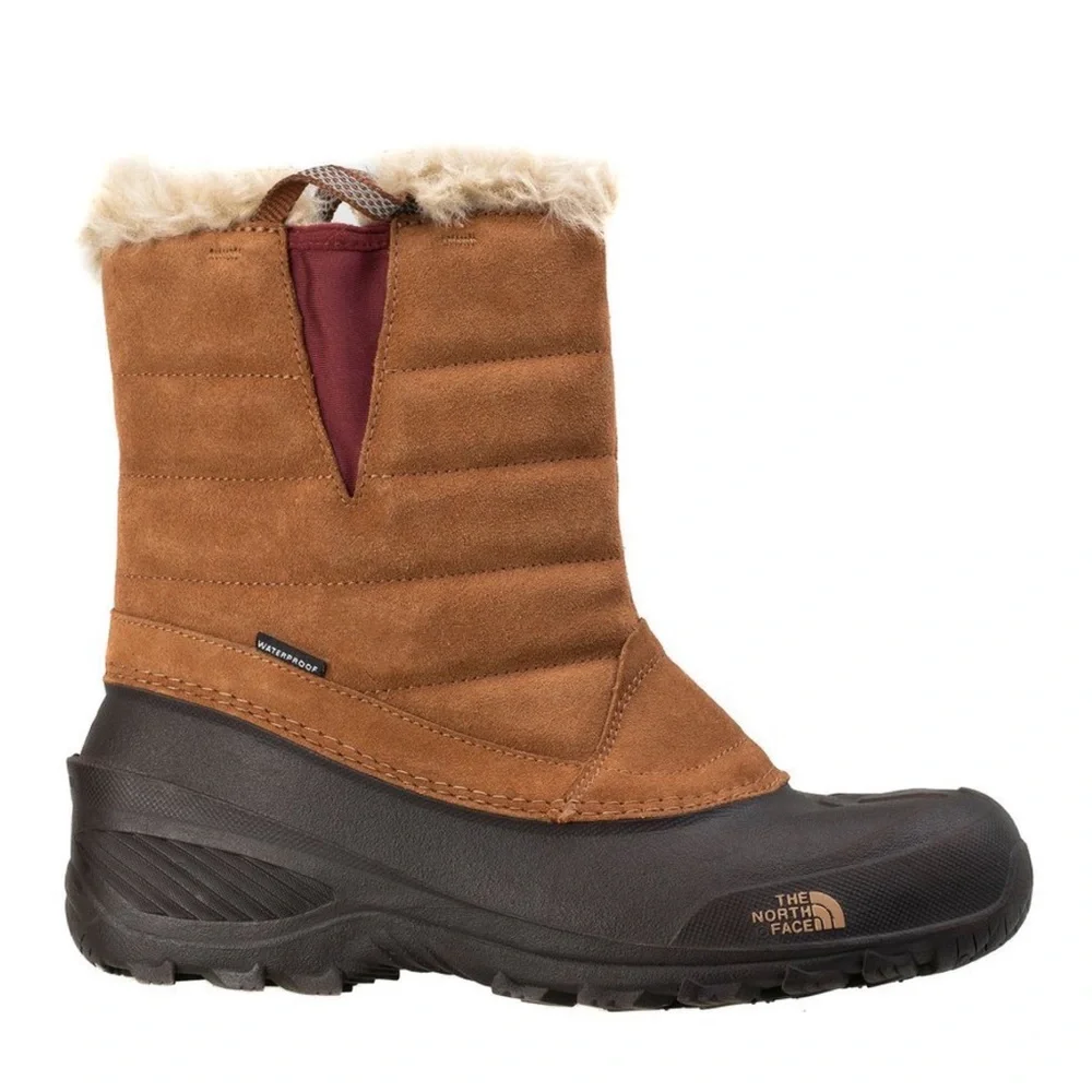 NORTH FACE girls’ brown suede leather faux fur lined Shellista snow boots 3